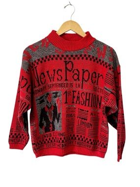 Vintage Newspaper Print Sweater Graphic News Allover Red Acrylic Womens Medium